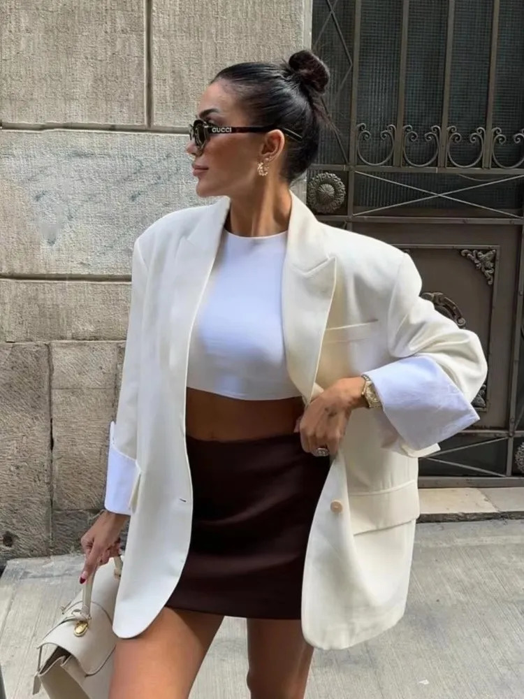 Elegant Blazer Coat For Women Fashion Pockets Lapel Oversized Suit Jackets 2025 Autumn Office Lady Casual Loose Outerwear 250421