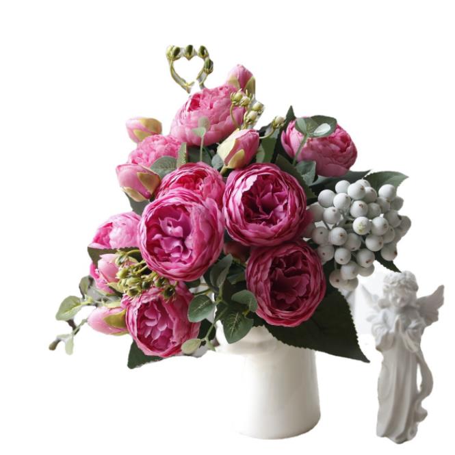 Hot Selling 10pcs/30cm Rose Pink Silk Bouquet Peony Artificial Flower 5 Big Head 4 Small Bud Bride Wedding Home Decoration
