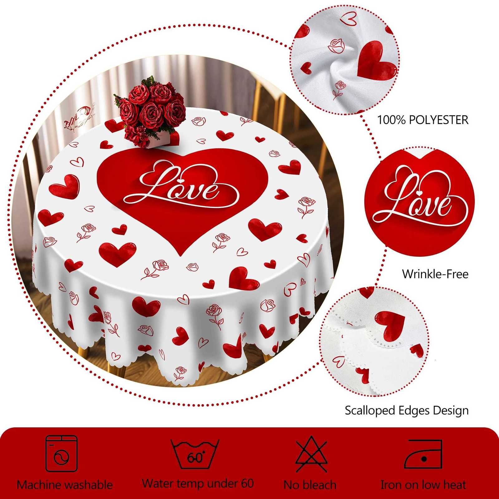 1 Piece Valentines Day Round Tablecloth 5 Sizes Available Romantic HeartShapedL oveP atternT ableclothE dgeE mbossingP rocessV alentinesD ayG ardenT C