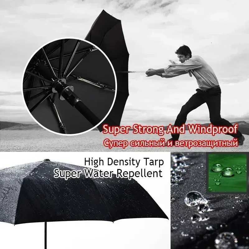 British Leather Handle Umbrella Men Automatic Business 10Ribs Strong Windproof 3 Folding Big Umbrella Rain Woman Quality ParasolM251122
