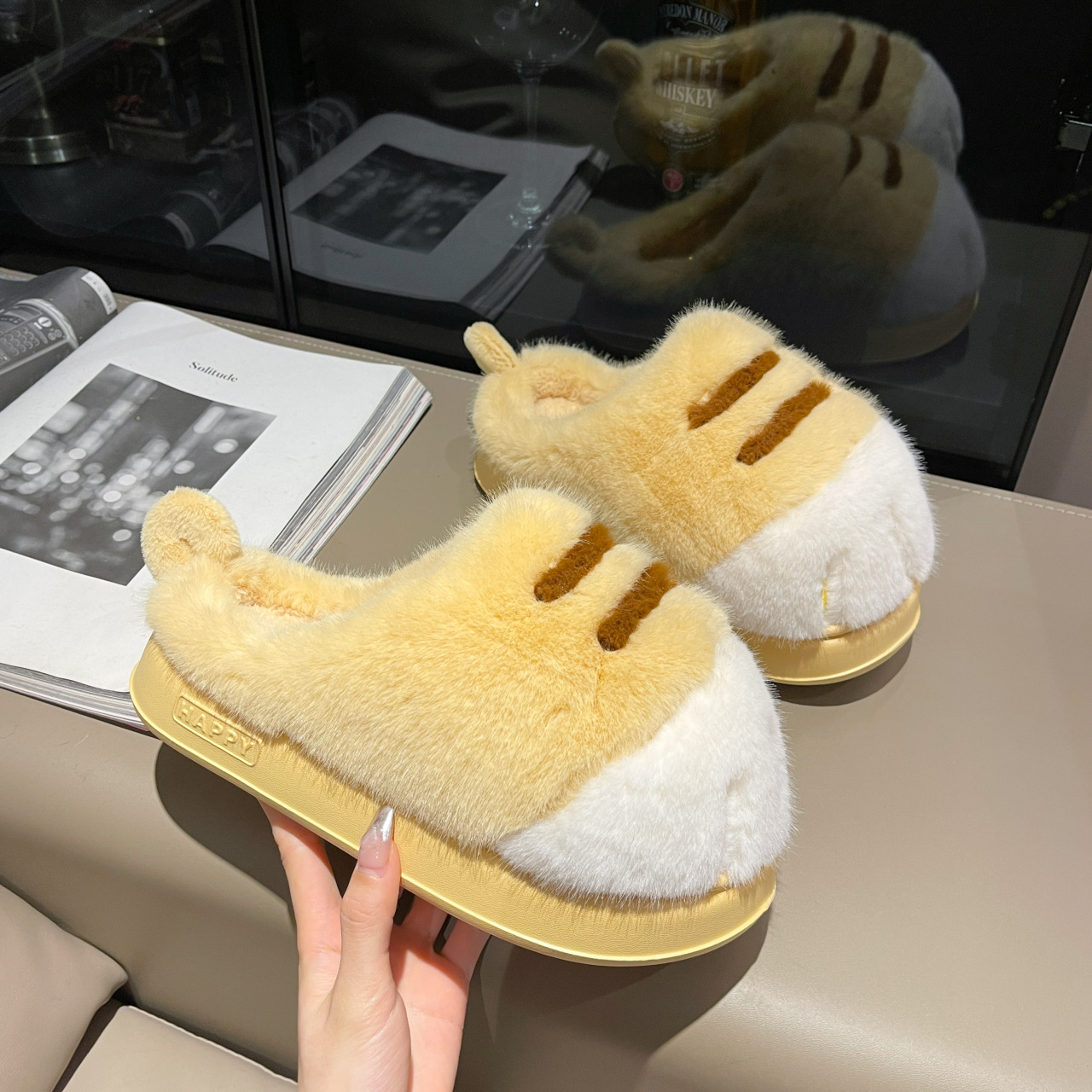 Winter Cartoon Cat Paw Style Women's Slippers for Home Warmth Men's Plush Flat Shoes fluffy slippers