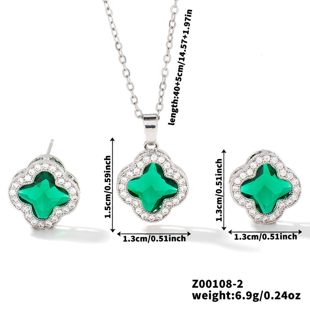 Micro inlaid clover necklace earrings two-piece set, women's light niche design, high-end feeling, internet celebrity temperament jewelry set