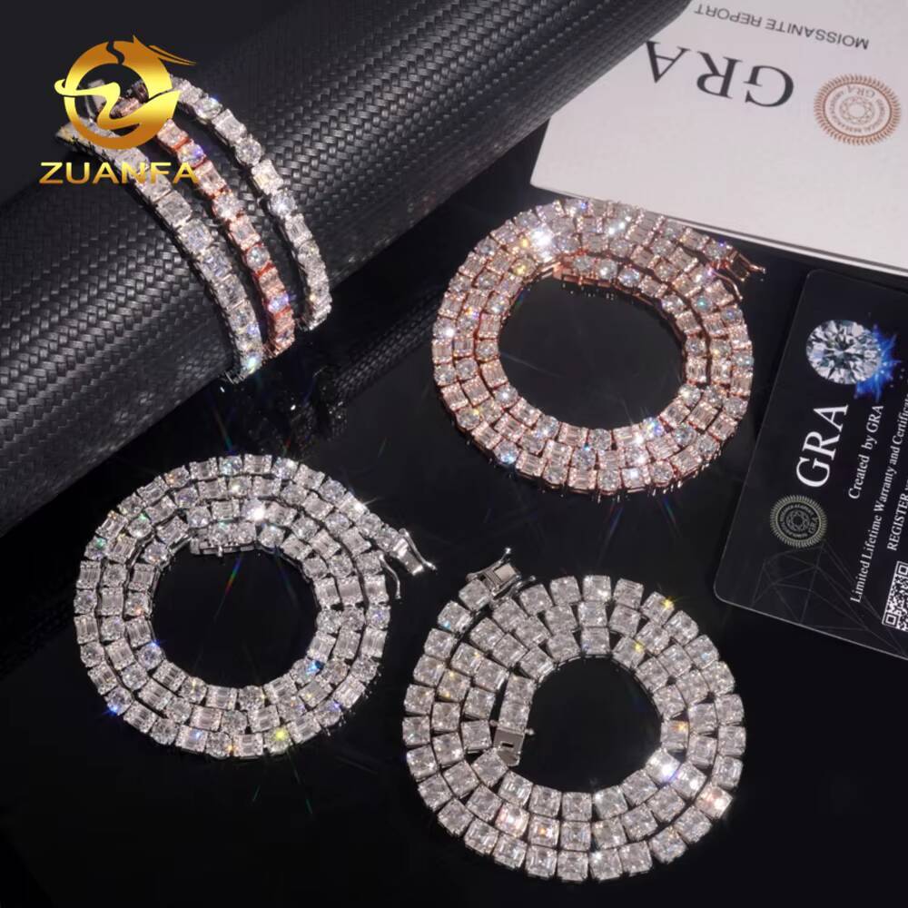 Trending Fancy Cut Moissanite Tennis Chain Necklace Asscher Emerald Baguette 925 Sterling Silver Iced Out Hip Hop Jewelry