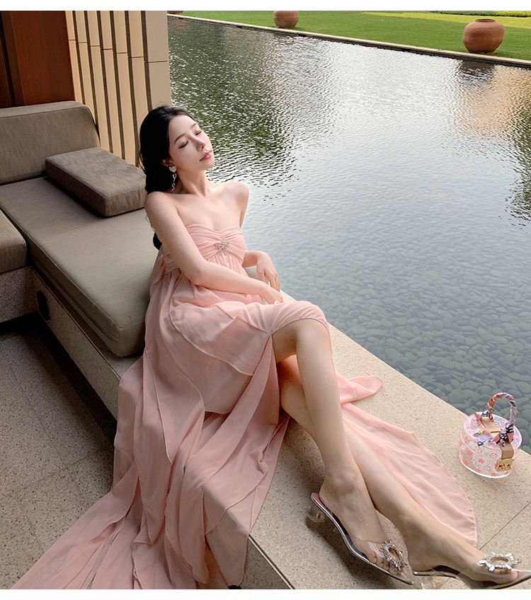 Designer Casual Dresses Elegant Sweet Style dress Summer Halterneck Strapless Chiffon Floor-length Backless Asymmetrical Elastic Waist Dress for Party