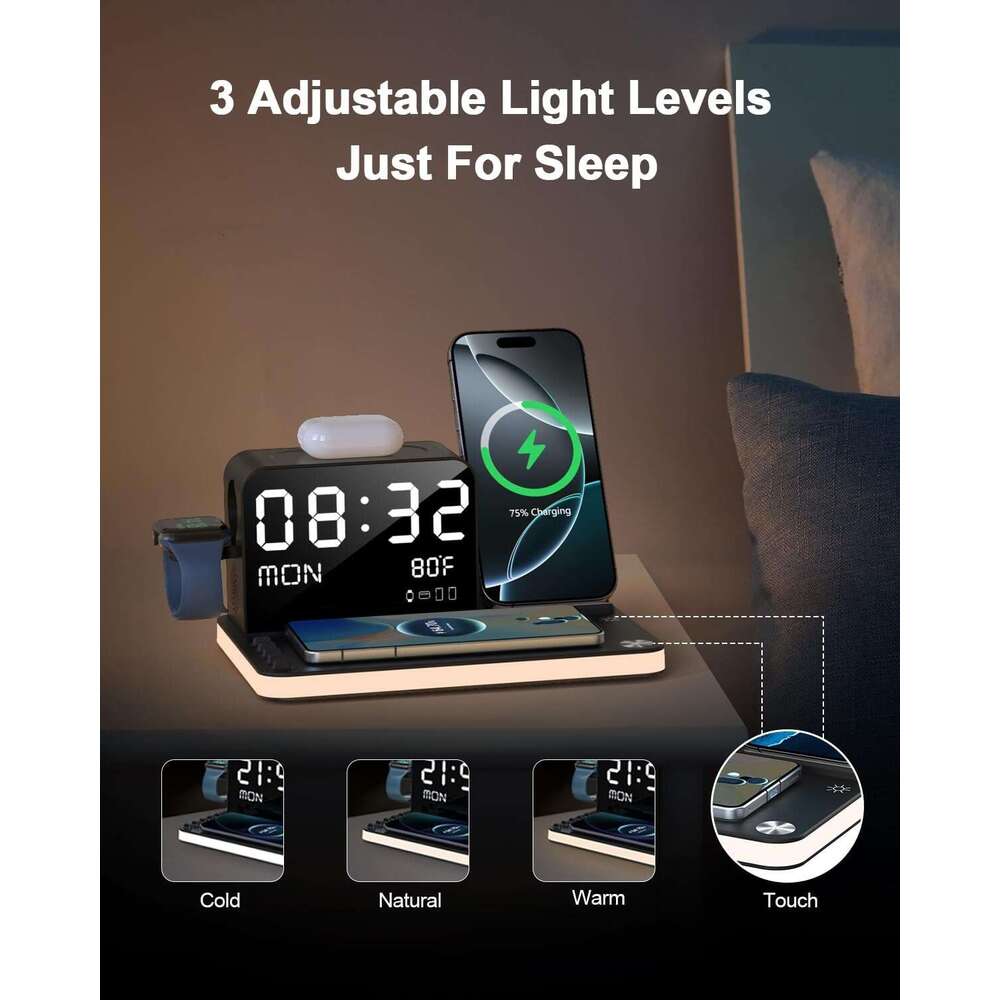7 in 1 Wireless Charging Station, Fast Charger Station with Dual iPhone, Bluetooth TimeSync, Night Light,33W Adapter for iPhone 16/15/14/13/12 All