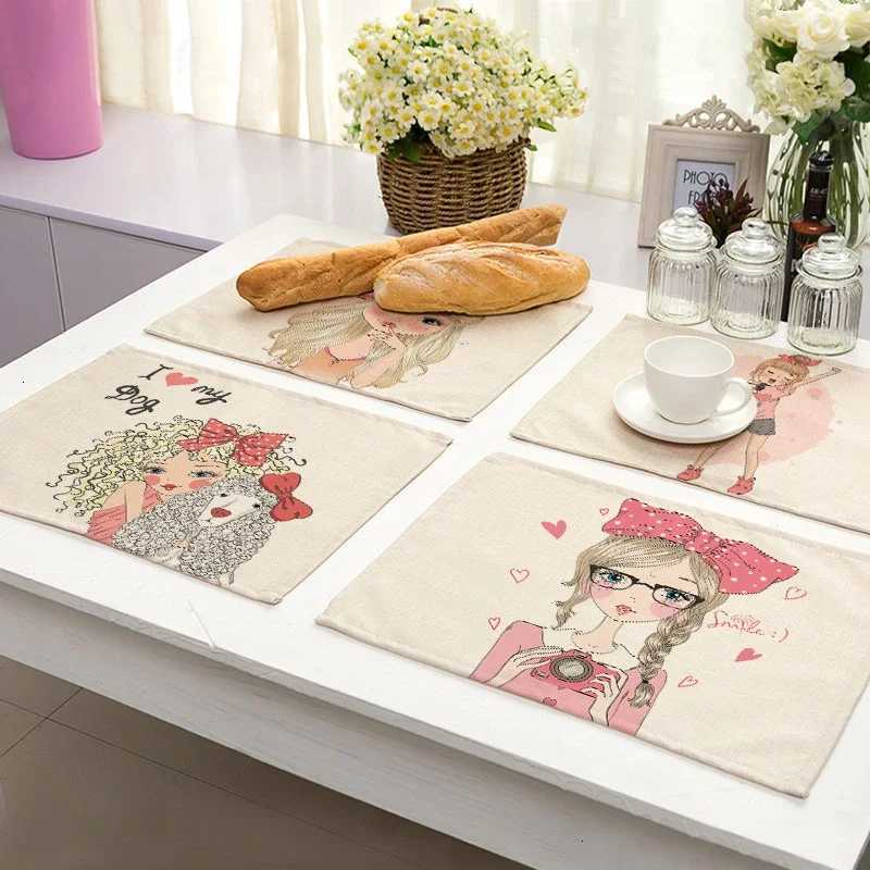 2Pcs Cute Girl Cotton Linen Pad Pattern Kitchen Placemat Kawaii Coaster Bowl Cup Mat Dining Table Mats 30x40cm Home Decor C251122