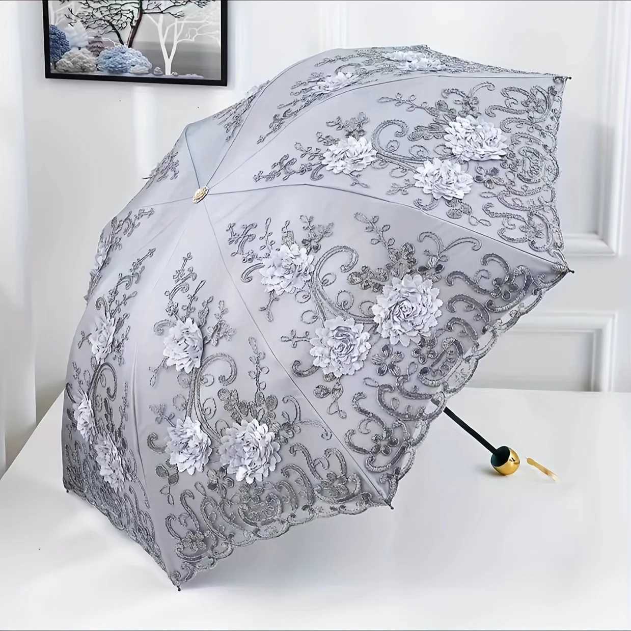 1pcs Lace Parasol Anti-UV Folding Umbrella UPF50 Vintage Flower Embroidery Umbrella Princess Umbrella Gift Umbrella Suitable foM251122
