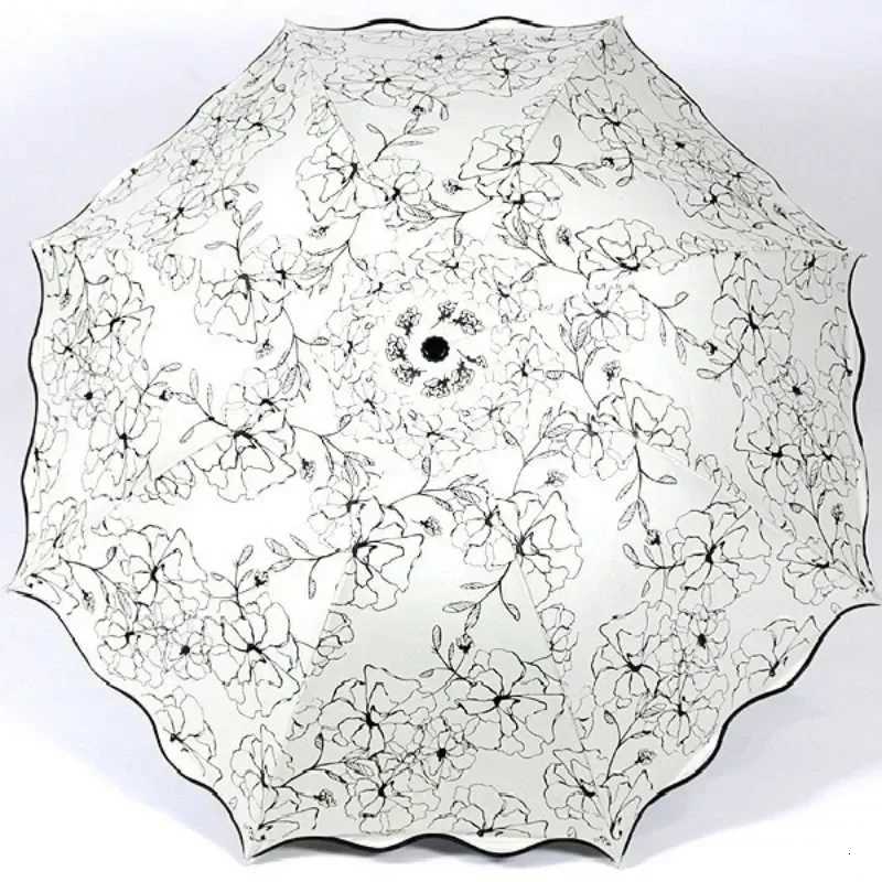 New Rain Sunshine Dual-purpose Umbrella Anti UV Black Coating Hibiscus Flower Folding Umbrella Fashion WaveEdge SunshadeUmbrellaM251122