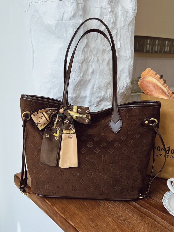 Large Capacity Suede Vintage Commuting Tote Bag Women'S New Old Flower Light Luxury High Sense Shoulder Bag 2025