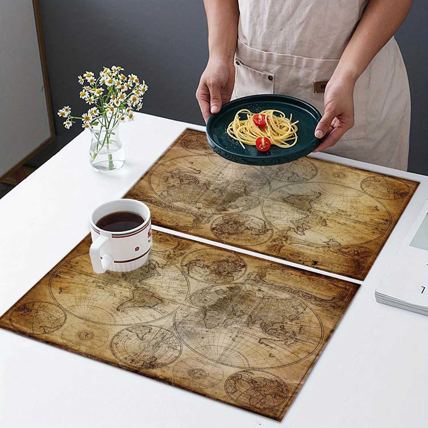 4pcs Retro Nautical Map of The World Placemats 12 x 18 Inch Washable Table Mat Kitchen home Party Decoration C251122