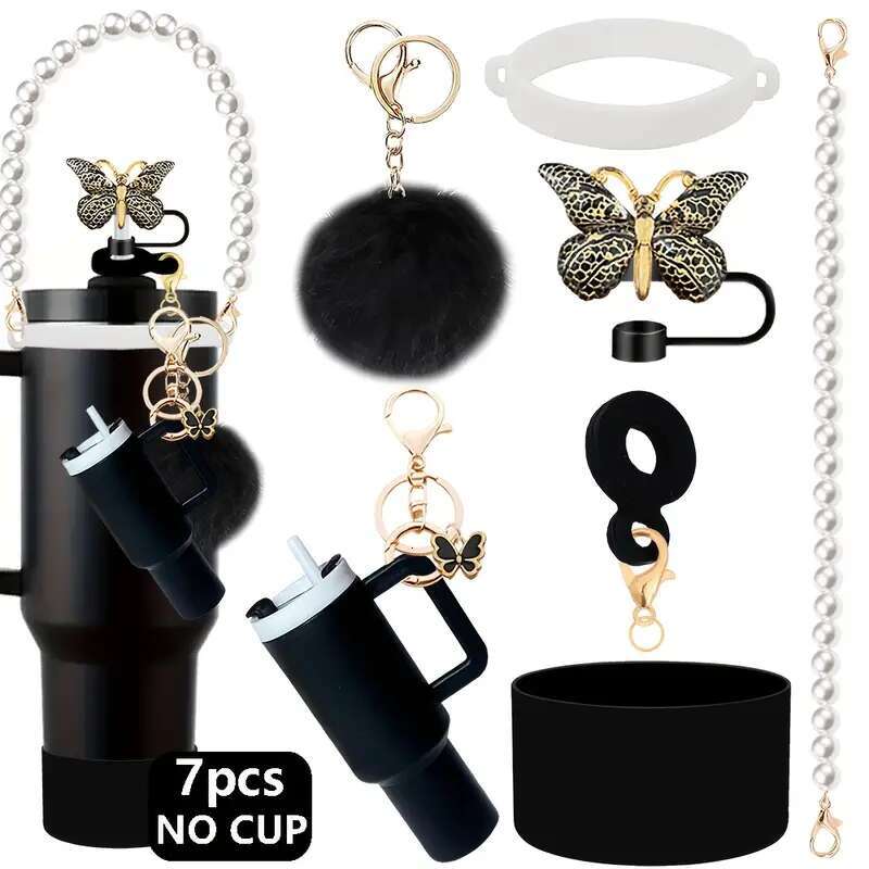 Accessories Stanley Cup 30oz 40oz,pearl Hairball Decorations for Stanley, Including Silicone Straw Cover Cap and Boot, Spill Proof Stopper, Handle Cha