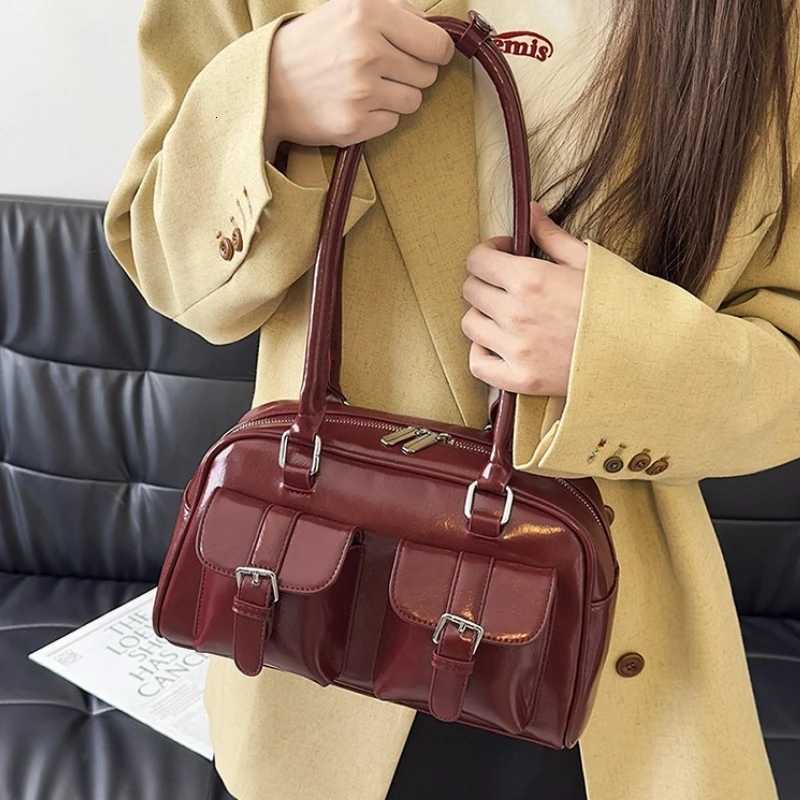 Retro PU Leather Double Pockets Underarm Bags For Women 2025 Winter Y2K New Korean Fashion Female Shoulder Bag Stylish HandbagsT251122