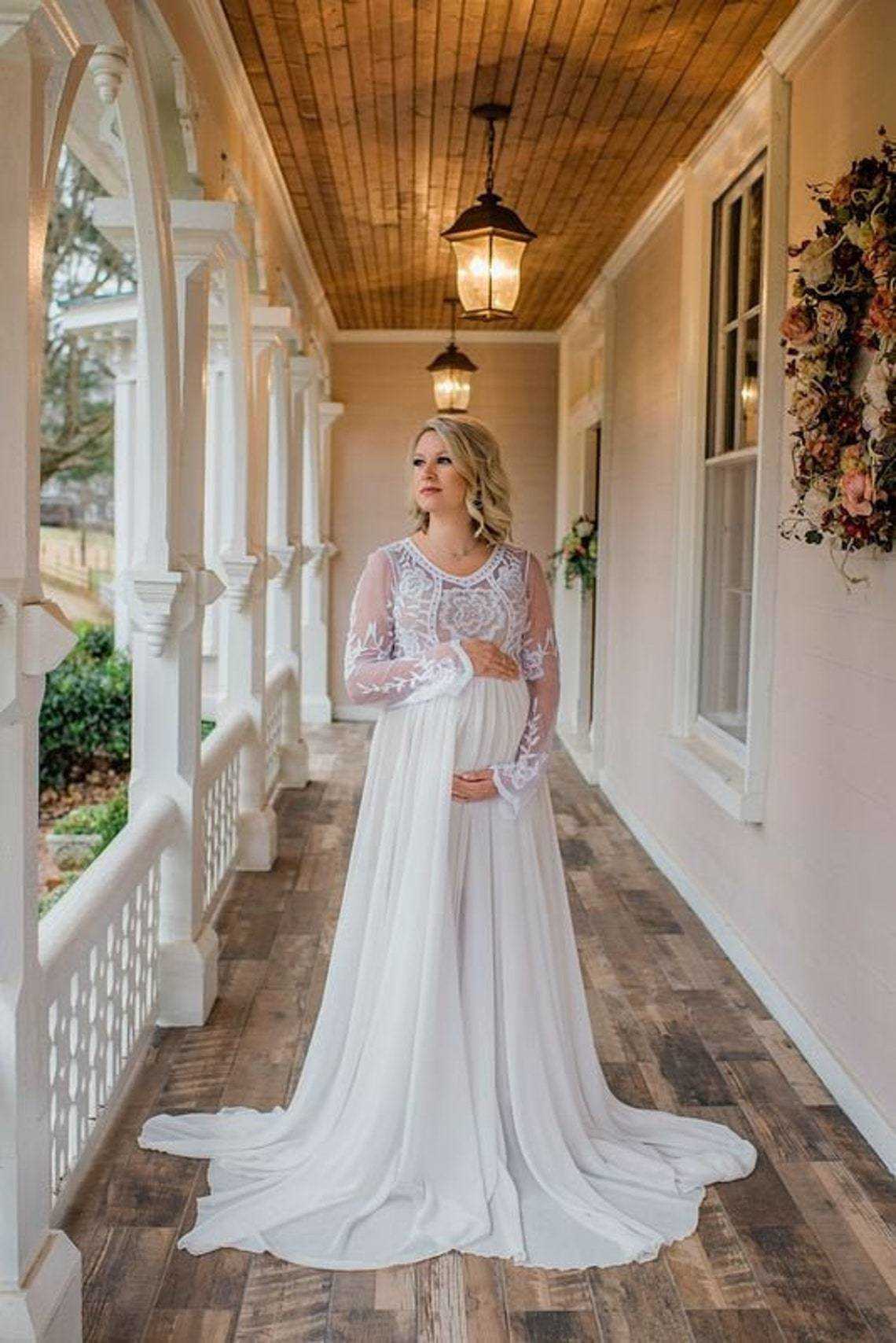 Photo Shoot Of A Splicing Chiffon Midsleeve Maternity Dress With A Tail, Lace Maternity Dress, Photography Props, Floor-length Dress Y250422