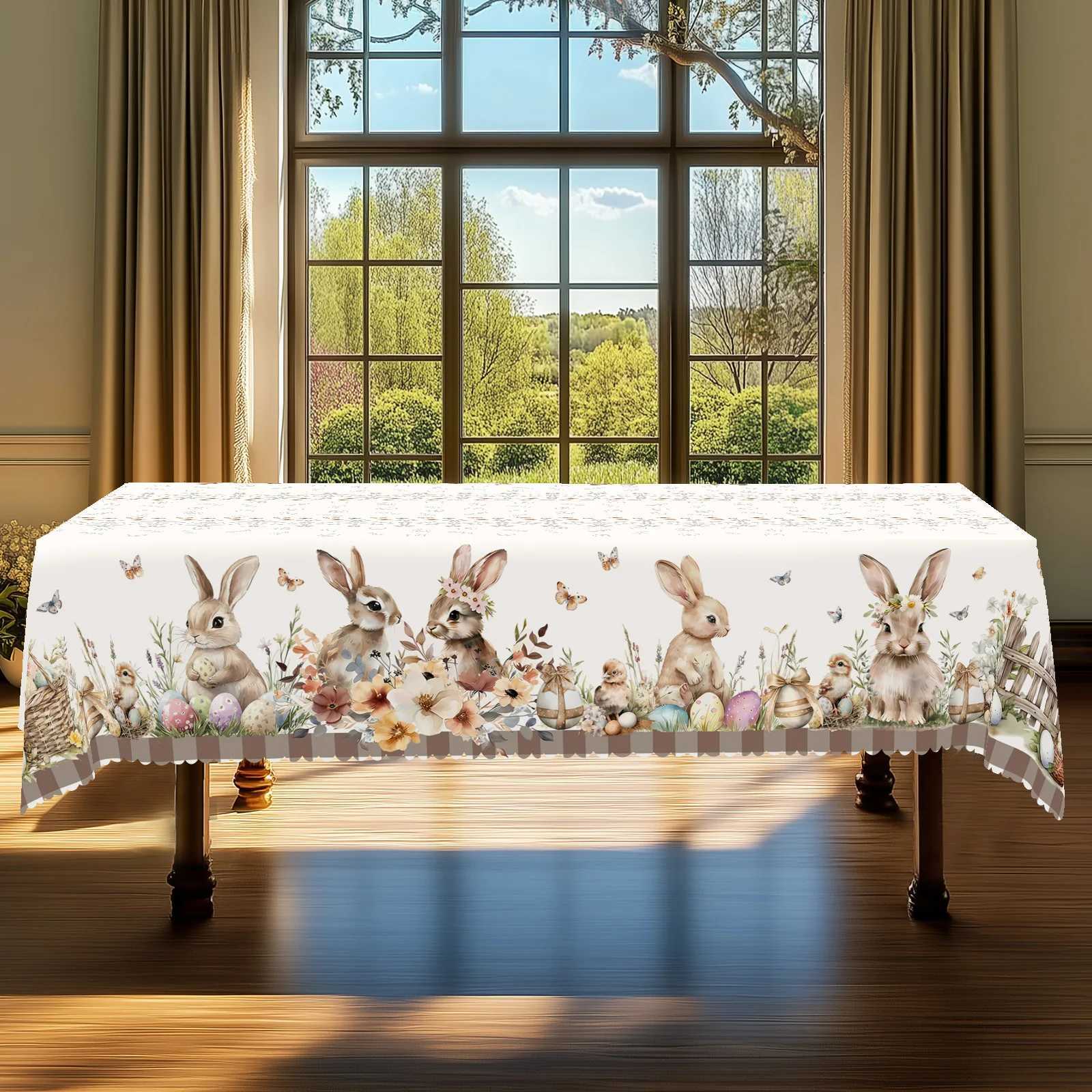 Cute Easter Themed Grey Rabbit Tablecloth - 1pc Spring Floral Print with Embossed Edge Spring Outdoor Garden C251122