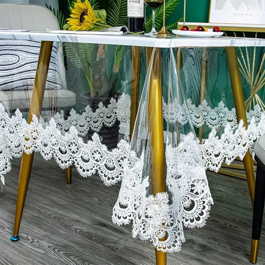 Plastic Clear Rectangle Tablecloth Vinyl PVC Waterproof Tablecloth Embroidered Lace Edge Transparent Table Cover for Kitchen Din C251122