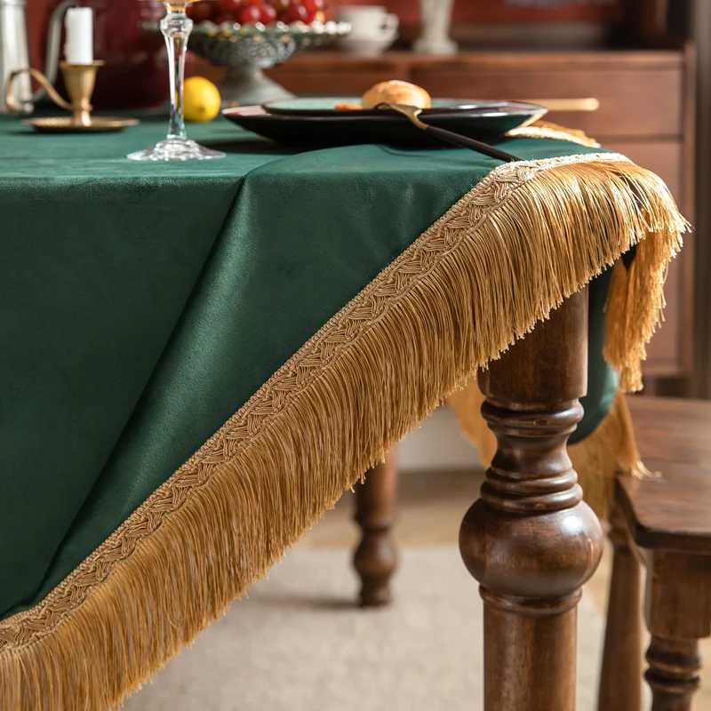 Dining Table Cloth Rectangular Solid Color Tablecloth Luxury Home Wedding Party Decor Red Green Orange Velour Tassel Table Cover C251122
