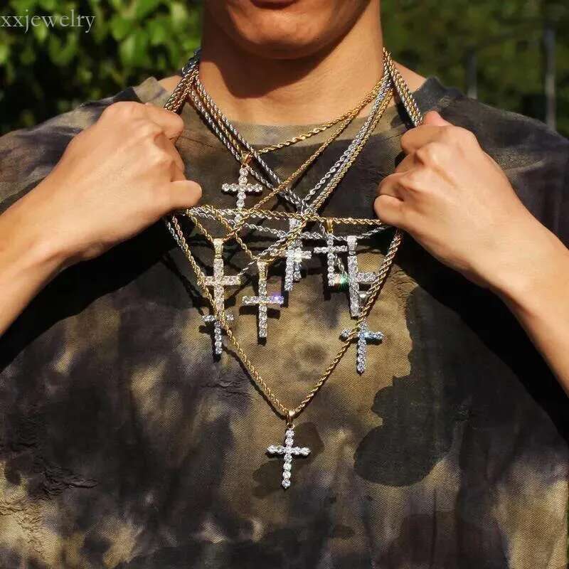 Hip Hop Iced Out Tennis Cross Necklace For Men Steampunk Gold Plated CZ Chain On Neck Design Jewelry S-OHP003Pendant Necklaces