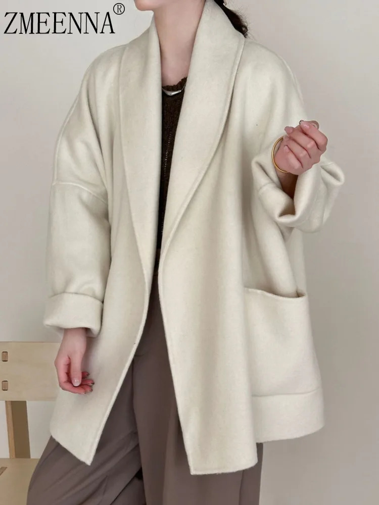 ZMEENNA Womens Woolen Blend Short Coat Oversized Lapel Pockets Long Sleeve Warm Winter Outerwear Casual Cardigan ZM4160 251112