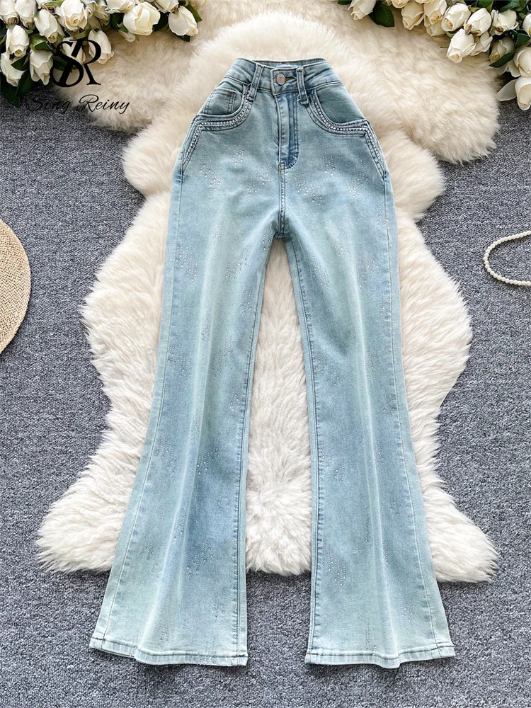 SINGREINY Autumn Diamond Denim Long Pants Womens Pockets Bodycon sweet Casual Trousers Fashion Shiny Retro Wide Leg Jeans 251111