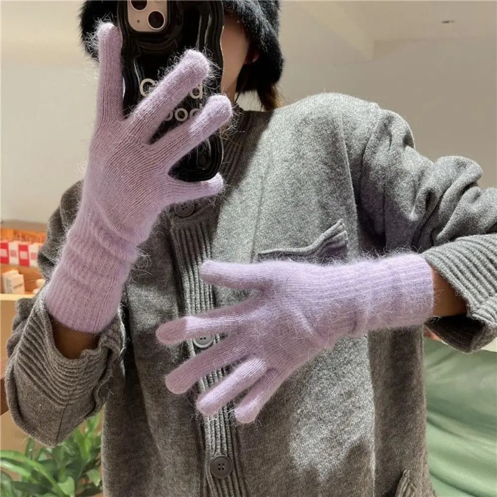 Striped Thermal Knitted Gloves Rabbit Fur Thickened Windproof Cold Resistant Split Finger Long 251114