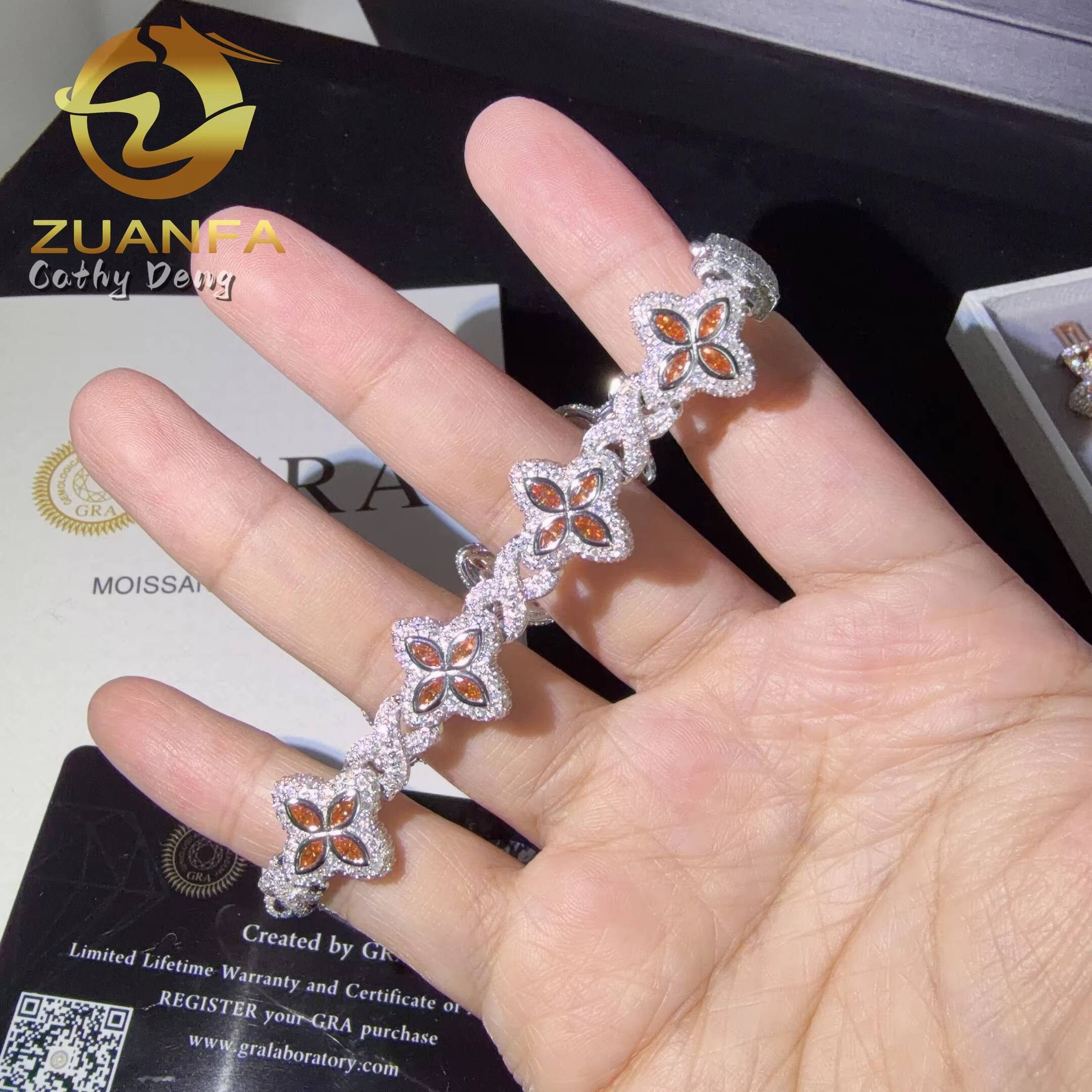 Fanta Moissanite 15mm Marquise Flower Hip Hop Jewelry Iced Out Unisex Moissanite Cuban Chain 925 Silver Moissanite Bracelet