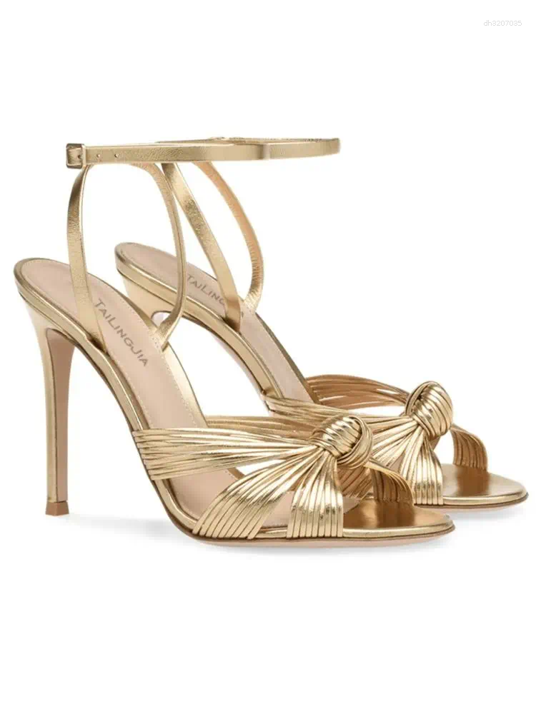 Sandals Summer Woven Stiletto Fish Mouth Light Gold PU Thin High-heeled Banquet Dress Customized Large-size Women's Shoes