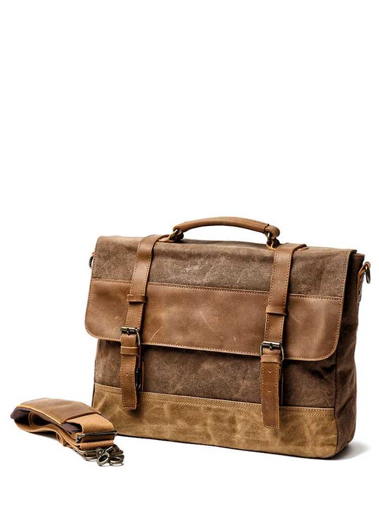 Oil wax canvas handbag mens waterproof shoulder bag retro canvas leather briefcase 14 inch laptop messenger bag W250422