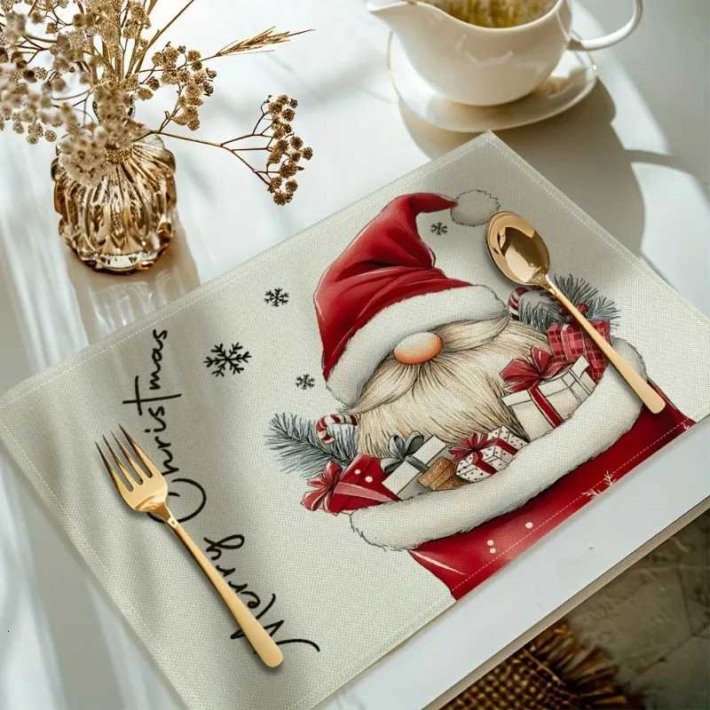 Christmas Table Mat with Santa Hat Cartoon Character Gift Boxes Pine Branches Merry Christmas Text Golden Fork Spoon Set C251122