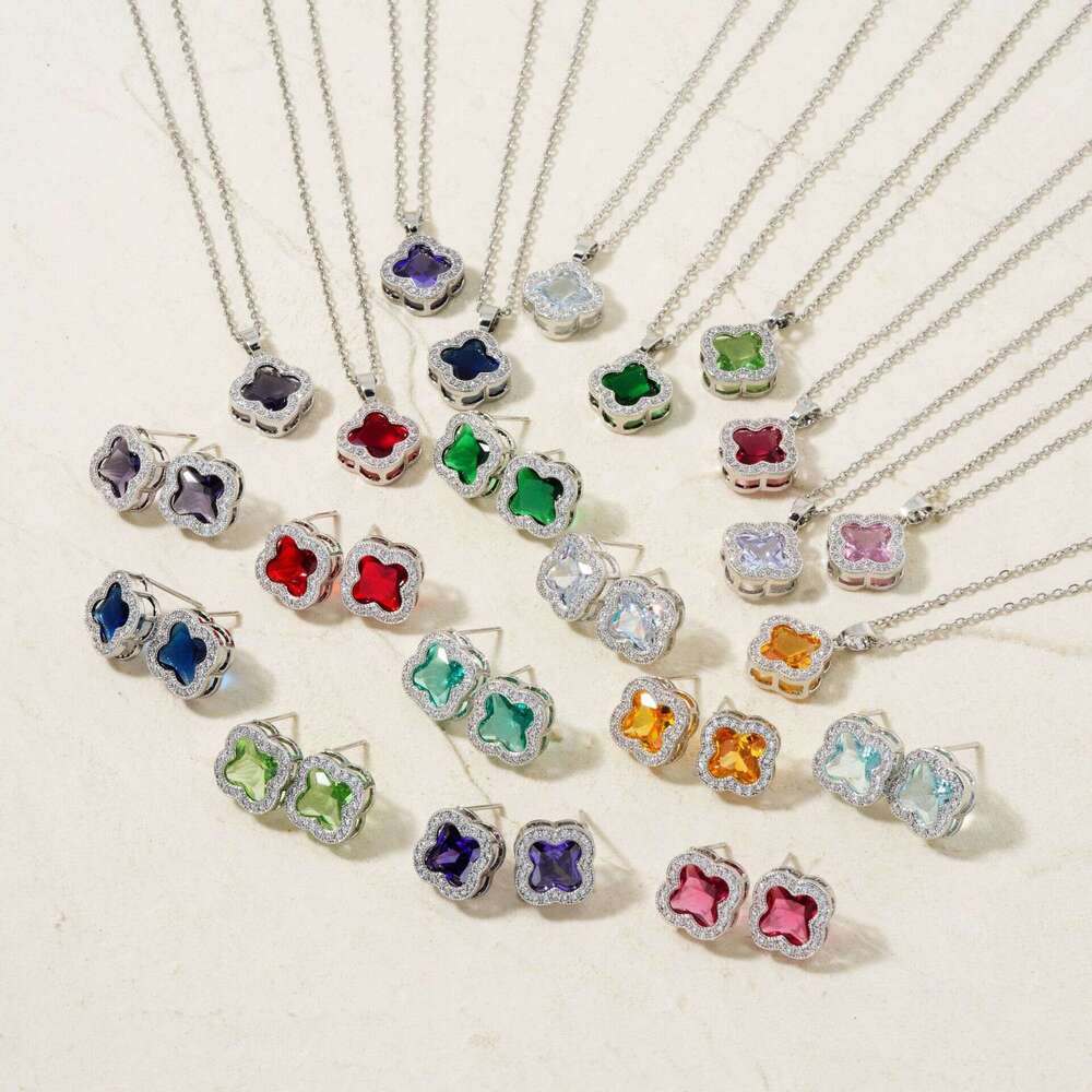 Micro inlaid clover necklace earrings two-piece set, women's light niche design, high-end feeling, internet celebrity temperament jewelry set