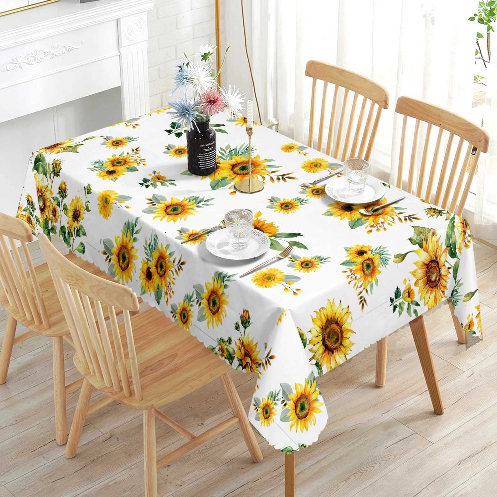 1 Piece Sunflower Floral Print Tablecloth 4 SelfAdhesiveS tickersE mbossedE dgesS uitablef orH omeK itchenL ivingR oomD iningT ableB alconyC offeeT C2