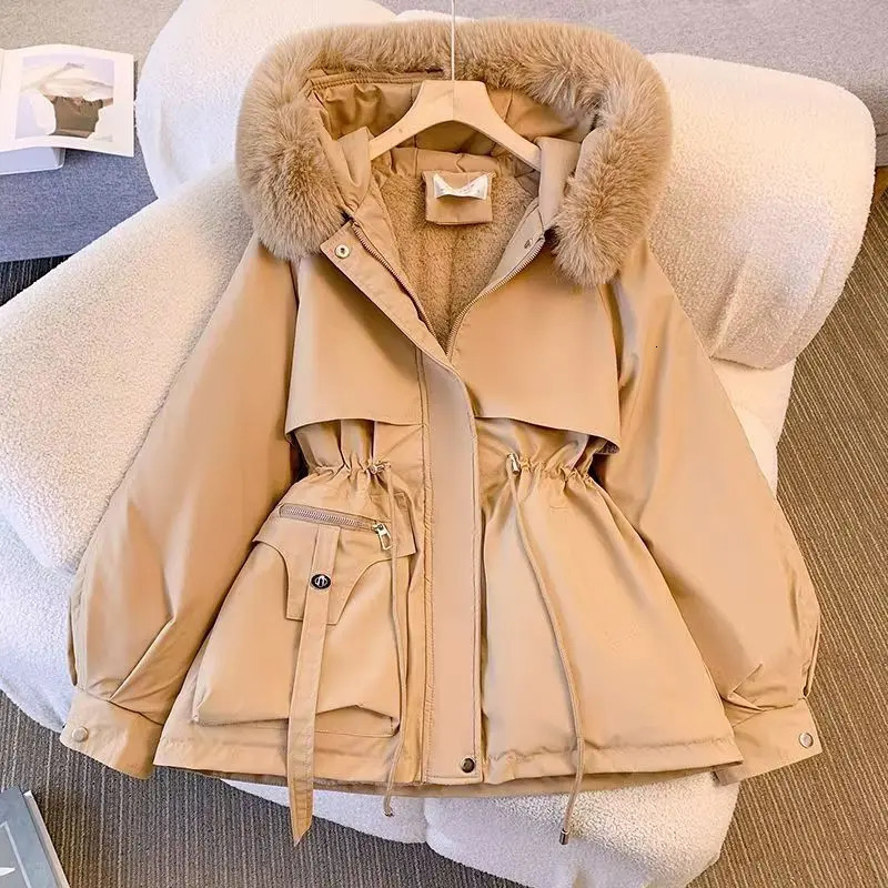 Short Parka Coat Women 2025 Korean Style Faux Fur Hooded Jacket Slim Fit Waist Belted Winter Fleece Lined Warm Y 251110