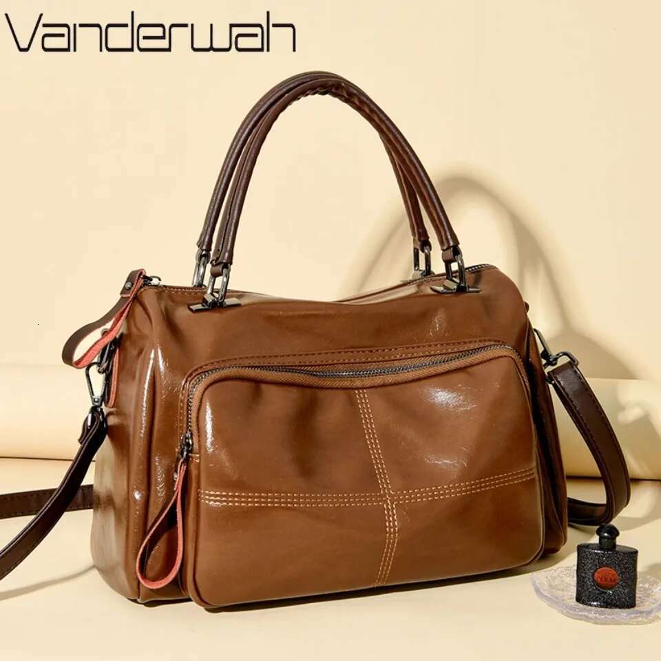 Vintage Soft Oil Pu Leather Women Handbag Large Capacity Shoulder Crossbody Travel Business Hand Bag Casual Tote Sac Bag