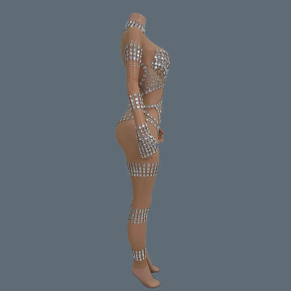 Women Sexy Transparent Playsuit Sparkly Crystals Rhinestones Mesh Strechy Jumpsuit Dance Costume Performance Stage Outfit Dunpai