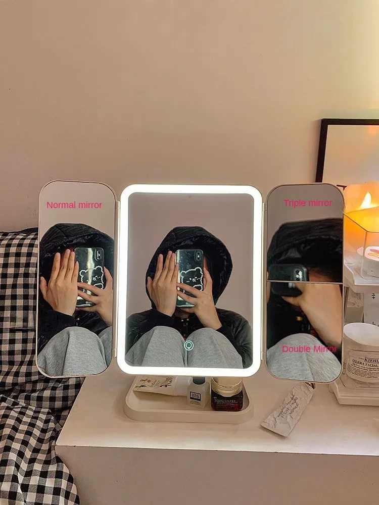 Shell double door LED makeup mirror with light storage box integrated desktop folding adjustable mirror for students M251122