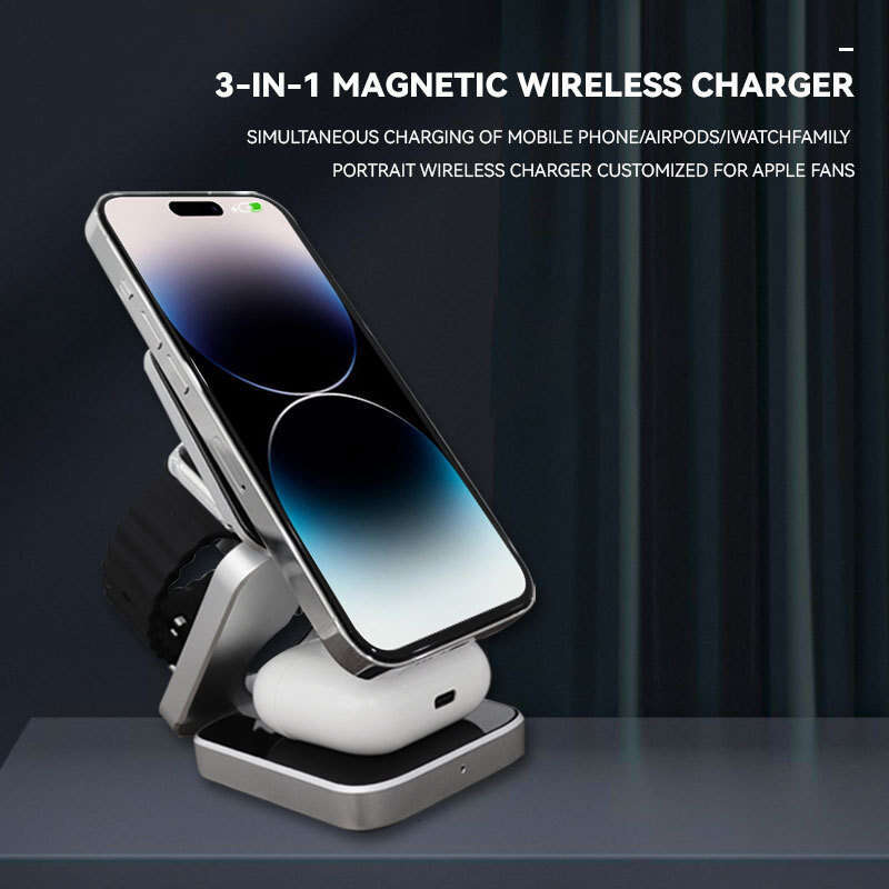 3-in-1 Wireless Station for iPhone Samsung Watch Earbuds Fast Magnetic Charger Dock Stand Foldable USB-C Charging Pad
