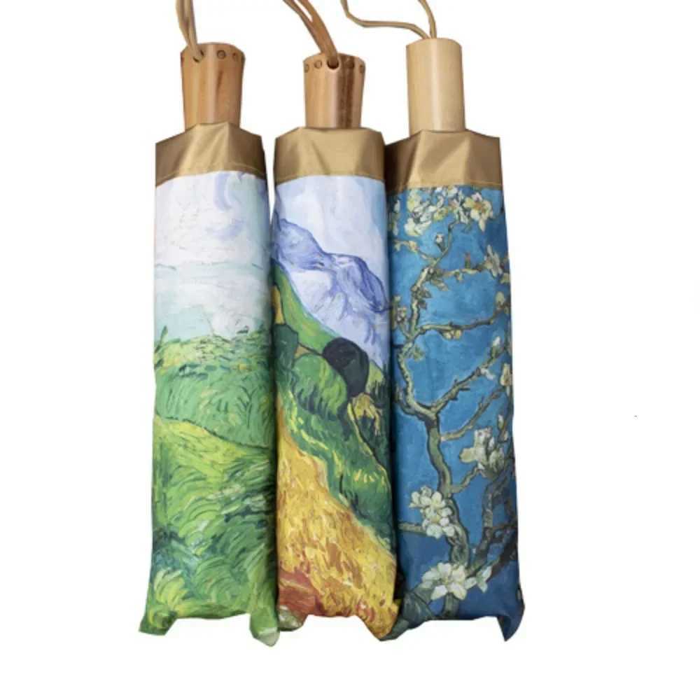 Small Fresh Umbrella Oil Painting Automatic Folding Umbrella Female Paraguas Van Gogh Oil Painting Umbrella Rain Quality ParasolM251122