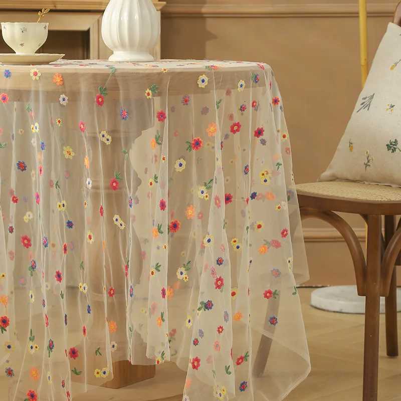 New Style Colorful Embroidered Flower Tablecloth Mesh Lace Fabric Soft Tulle Fabric for Wedding Dining Dresser Table Decor C251122