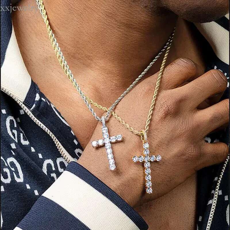 Hip Hop Iced Out Tennis Cross Necklace For Men Steampunk Gold Plated CZ Chain On Neck Design Jewelry S-OHP003Pendant Necklaces