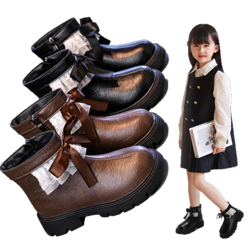 New designer shoes Girls Autumn Winter New British Style Little Girl Lace Edge Bow Martin Boots Fashionable Warm Versatile