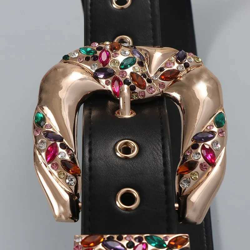 Luxury retro color rhinestone zircon metal belt niche design elegant fashion leather wide belt women down coat skirt accessories J251122