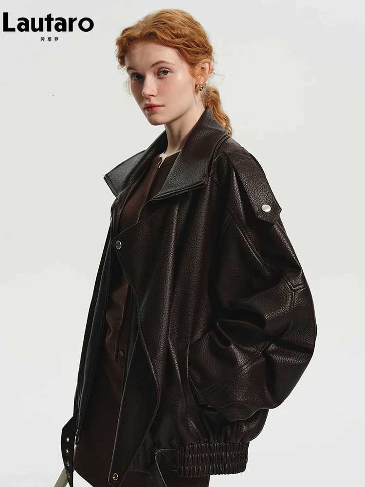 Lautaro Spring Autumn Cool Brown Oversized Pu Leather Jacket Women Long Sleeve Zip Up Luxury Designer American Retro Clothing X251122
