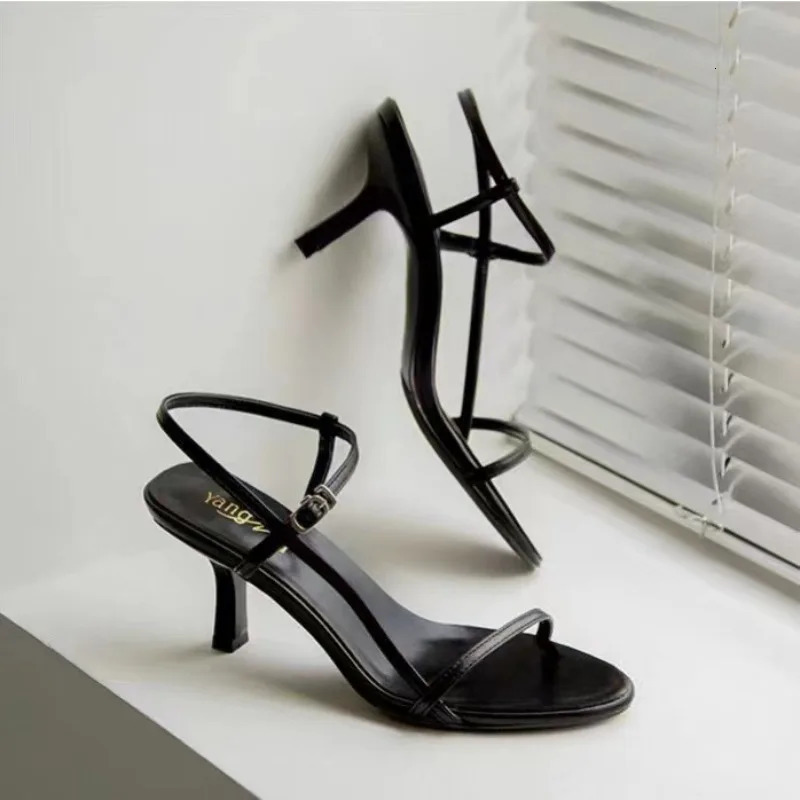Womens Black Evening Sandals Genuine Leather Thin High Heels with Adjustable Ankle Strap Stiletto Formal Wedding Shoes 251121