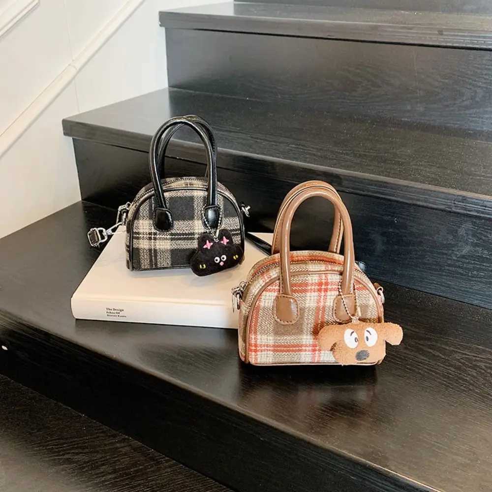 Trendy French Style Woolen Plaid Bowling Bag Cloth Large Capacity Boston Shoulder Bag PU Leather Elegant Women Handbags DailyT251122