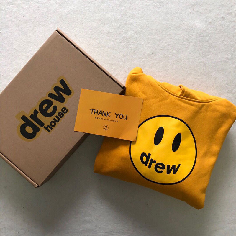 Drew House DREW Justin Bieber Smiling Face Hoodie with Yellow Fleece Lining Loose Hooded Sweatshirt for Men and Women