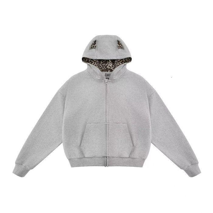 American designer retro leopard print patchwork with thick fleece hooded sweatshirt for women's autumn and winter new loose zipper cardigan trend