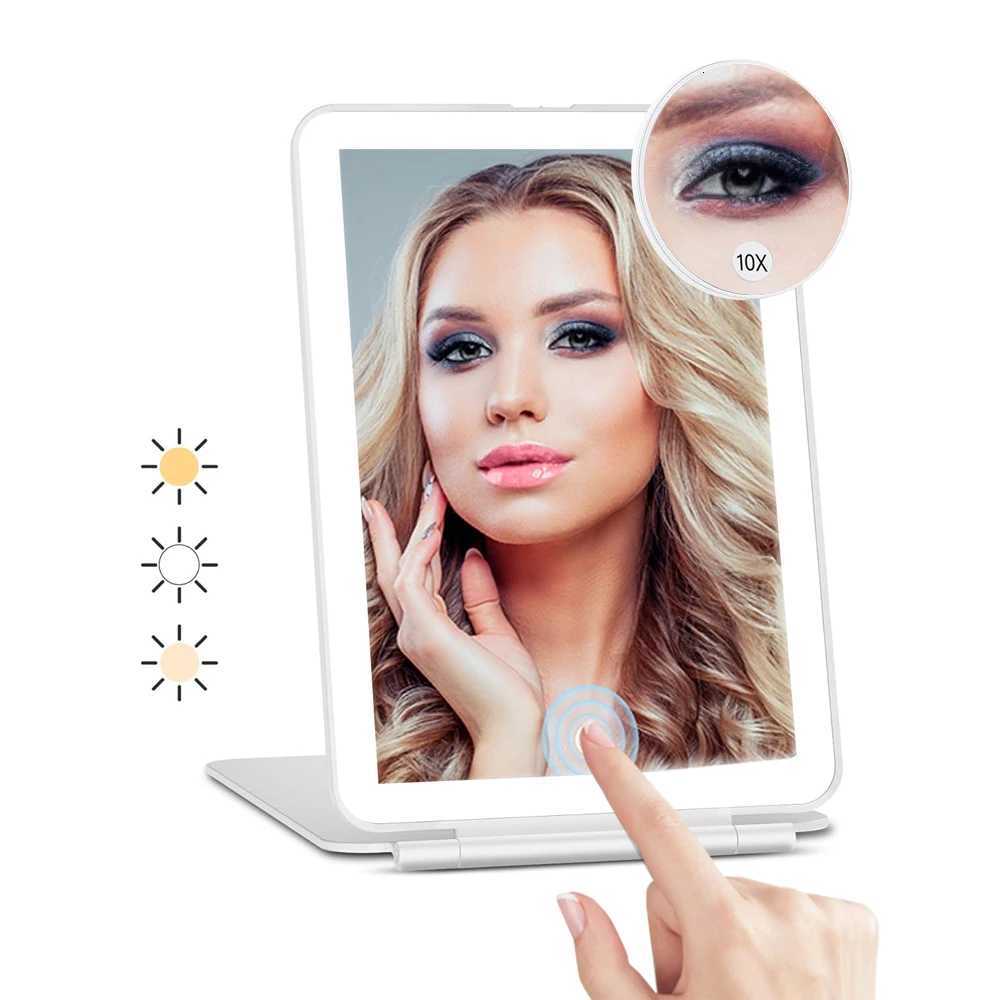 Rechargeable Makeup Mirror with 3 Color Lights for Travel Vanity Cosmetic Mirror with LED Portable Compact Handheld with 10X M251122