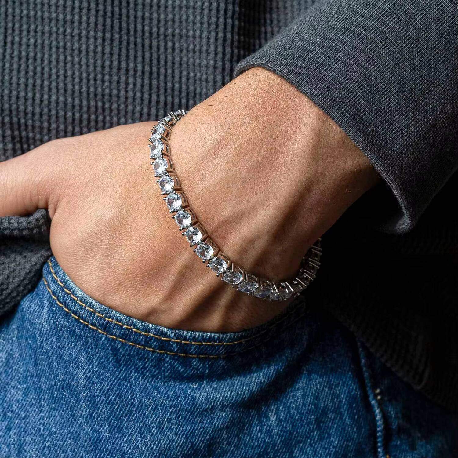 6mm Tennis Bracelet Men Thick 925 Silver Sparkling VVS Iced Out Moissanite Tennis Bracelet
