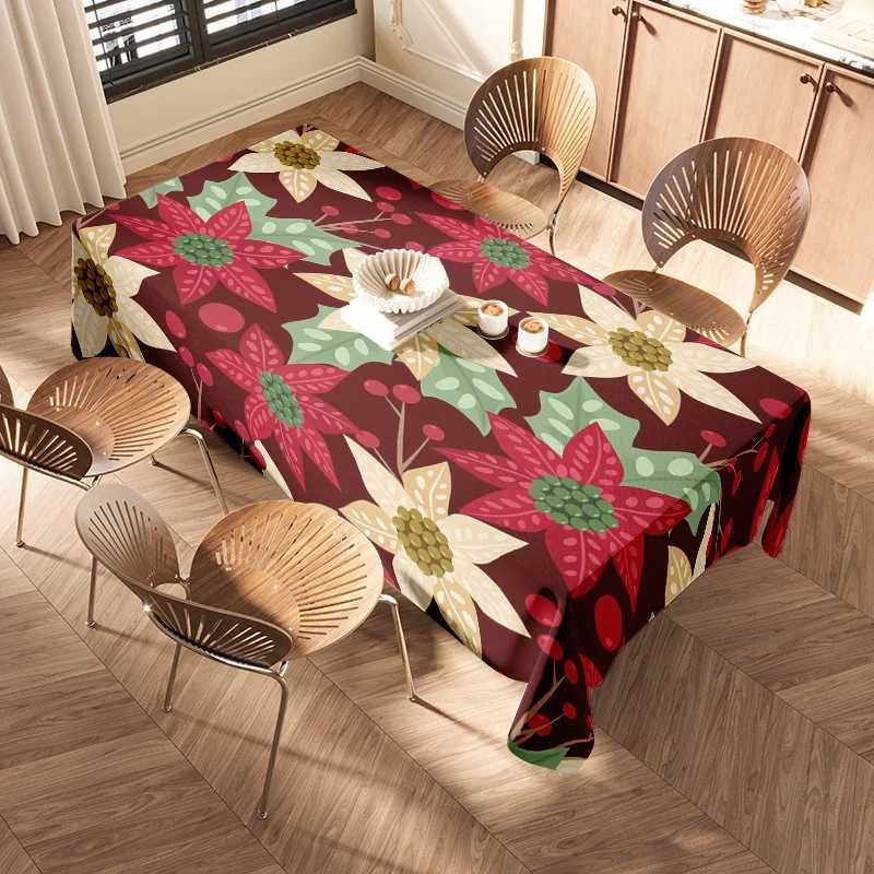Festive Floral Tablecloth Set Perfect for Holiday Dining Elegant Red Green Table Cover with Cherry Blossom Design Includes 4 Cha C251122