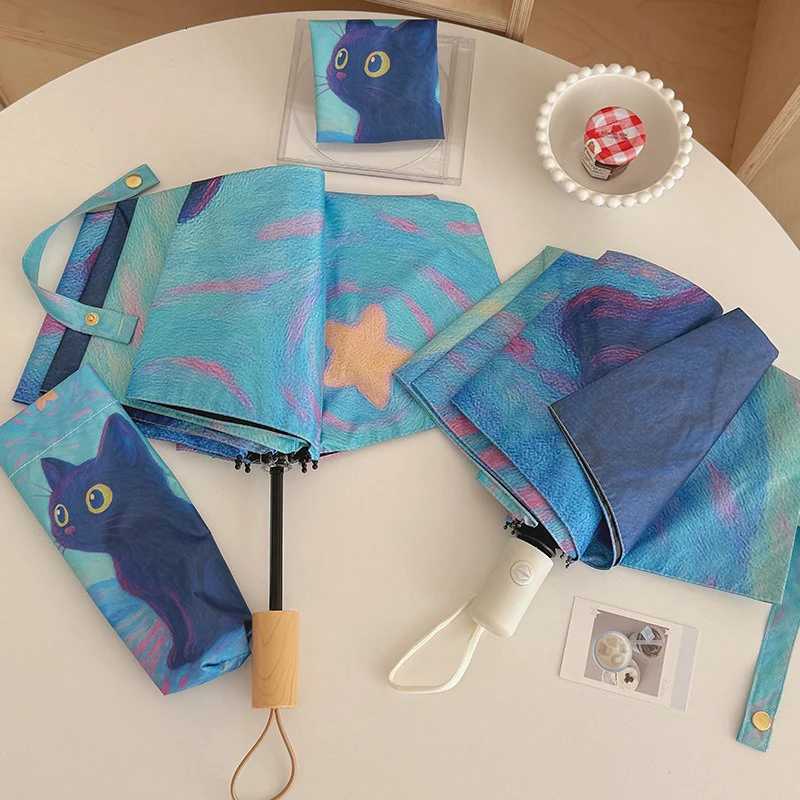 Yellow Blue Oil Painting Cat Folding Umbrella Rain Sun Dual-use Automatic Sun Umbrella Sun Protection And UV Protection PortableM251122