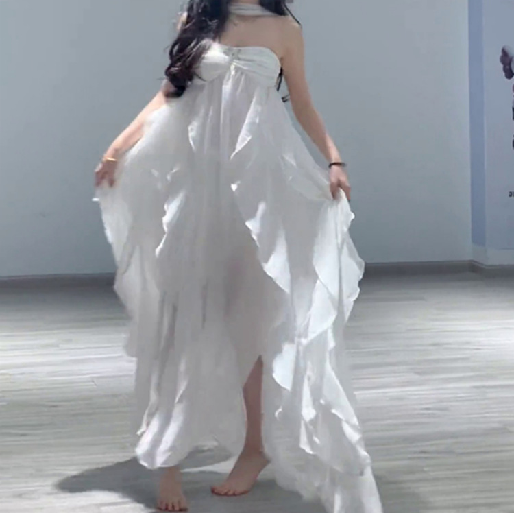 Designer Casual Dresses Elegant Sweet Style dress Summer Halterneck Strapless Chiffon Floor-length Backless Asymmetrical Elastic Waist Dress for Party